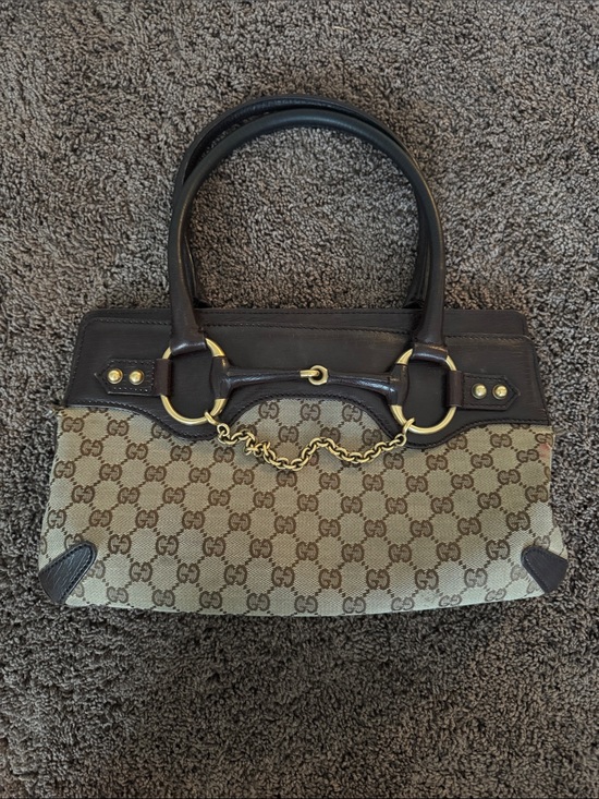 Gucci Handbags - Gucci Beige GG Canvas Shoulder Bag with Dark Brown Leather & Gold Hardware